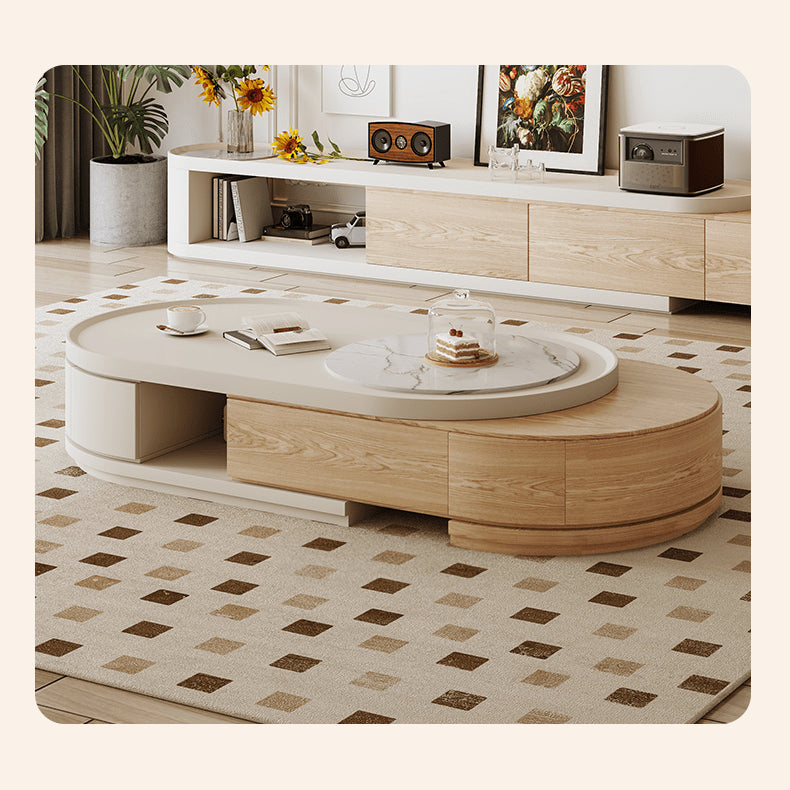 White Natural Sintered Stone Tea Table with Pine Wood Base hjl-1217