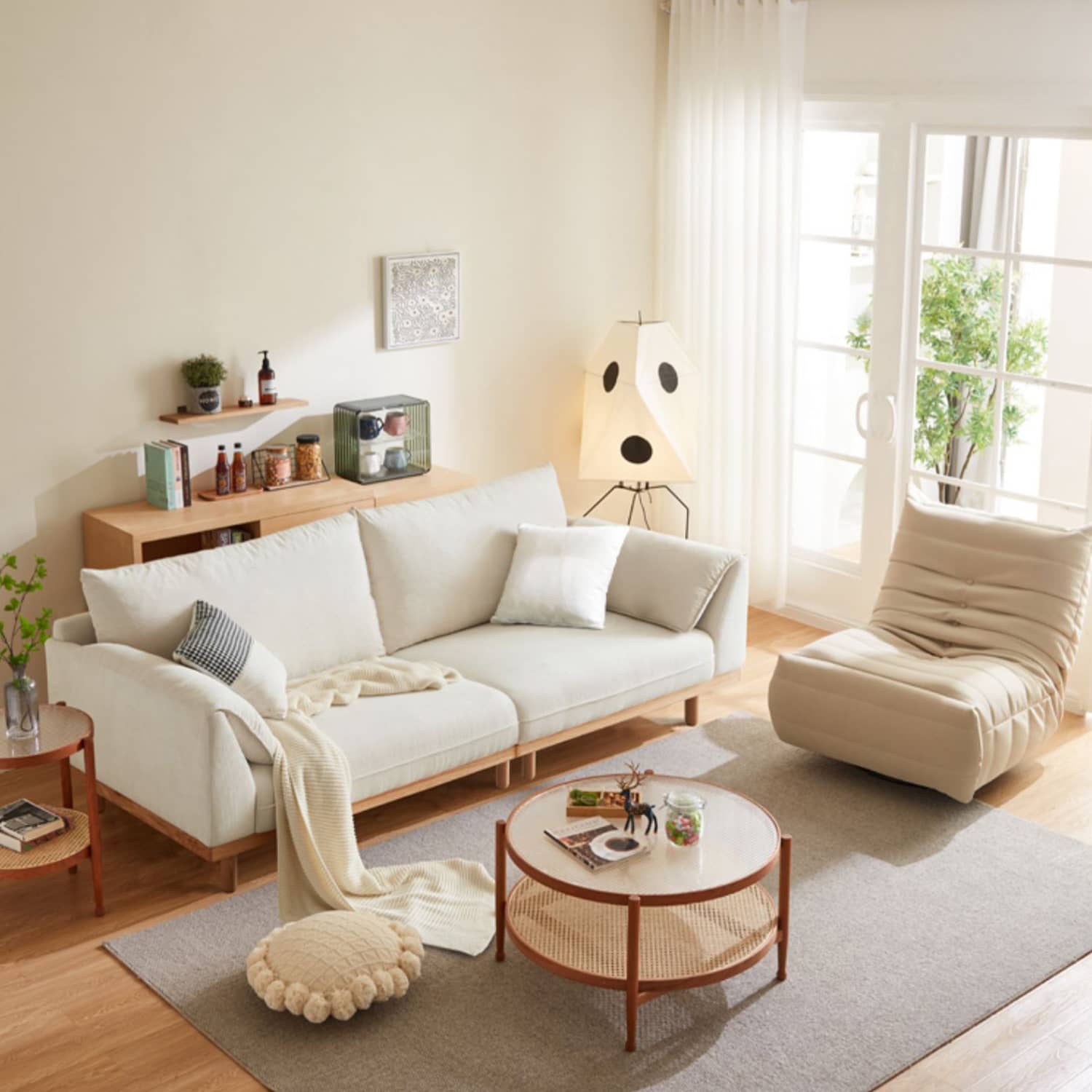 Crafted Comfort Corduroy Sofa: Goose Down Cushions in Beige, Yellow, Khaki, Green & Fog Blue with Oak & Pine Wood Finish hmyf-1271