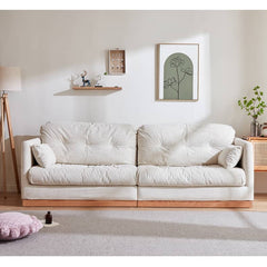 Natural Oak and Pine Wood Sofa with Beige Corduroy and Goose Down Cushions hmyf-1272