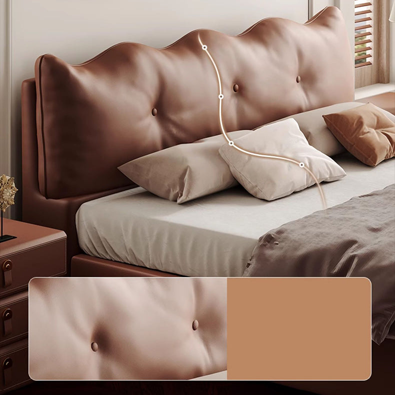 Luxurious Dark Brown Faux Leather Bed with Light Grey and Beige Accents - Elegant Khaki and Orange Detailing - Modern Black Design hmzsh-1545