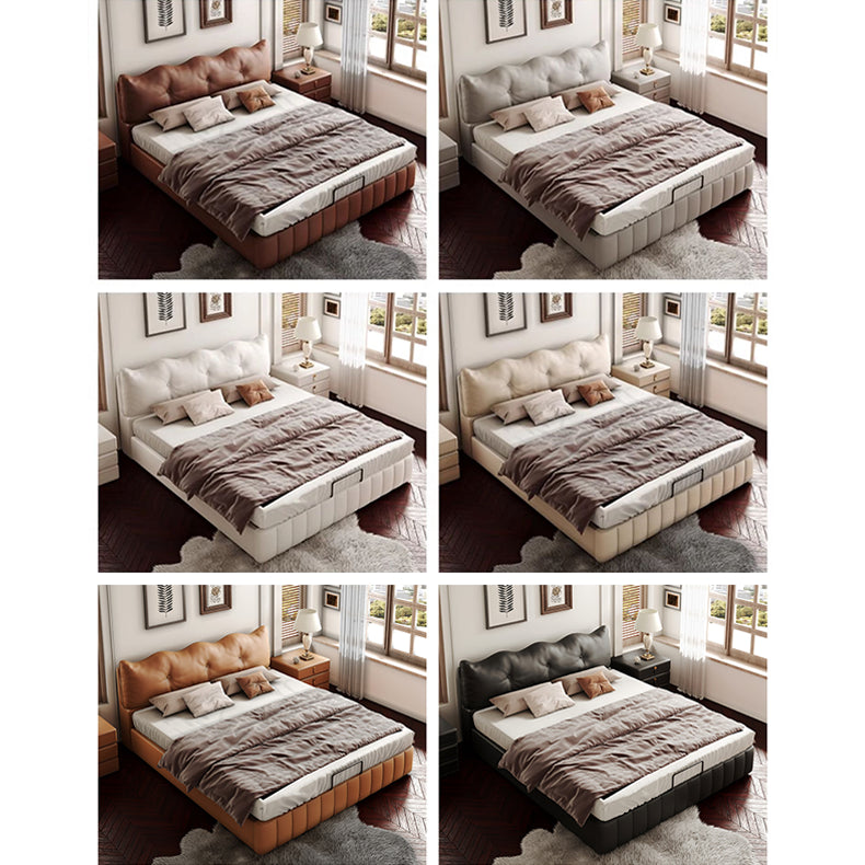 Luxurious Dark Brown Faux Leather Bed with Light Grey and Beige Accents - Elegant Khaki and Orange Detailing - Modern Black Design hmzsh-1545