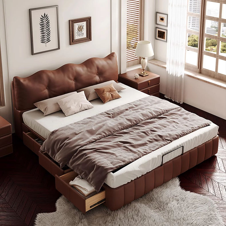 Luxurious Dark Brown Faux Leather Bed with Light Grey and Beige Accents - Elegant Khaki and Orange Detailing - Modern Black Design hmzsh-1545