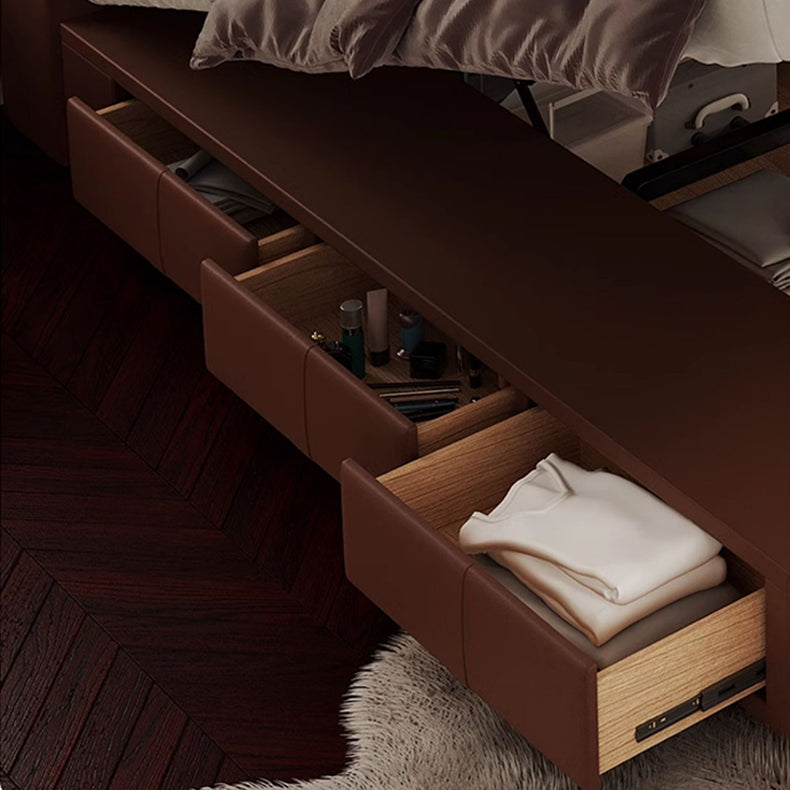 Luxurious Dark Brown Faux Leather Bed with Light Grey and Beige Accents - Elegant Khaki and Orange Detailing - Modern Black Design hmzsh-1545