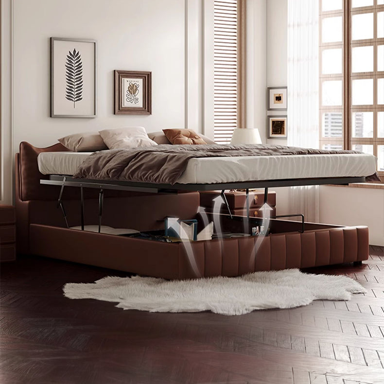 Luxurious Dark Brown Faux Leather Bed with Light Grey and Beige Accents - Elegant Khaki and Orange Detailing - Modern Black Design hmzsh-1545