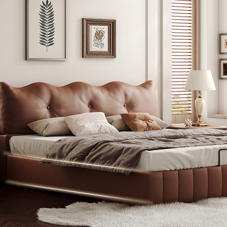 Luxurious Dark Brown Faux Leather Bed with Light Grey and Beige Accents - Elegant Khaki and Orange Detailing - Modern Black Design hmzsh-1545