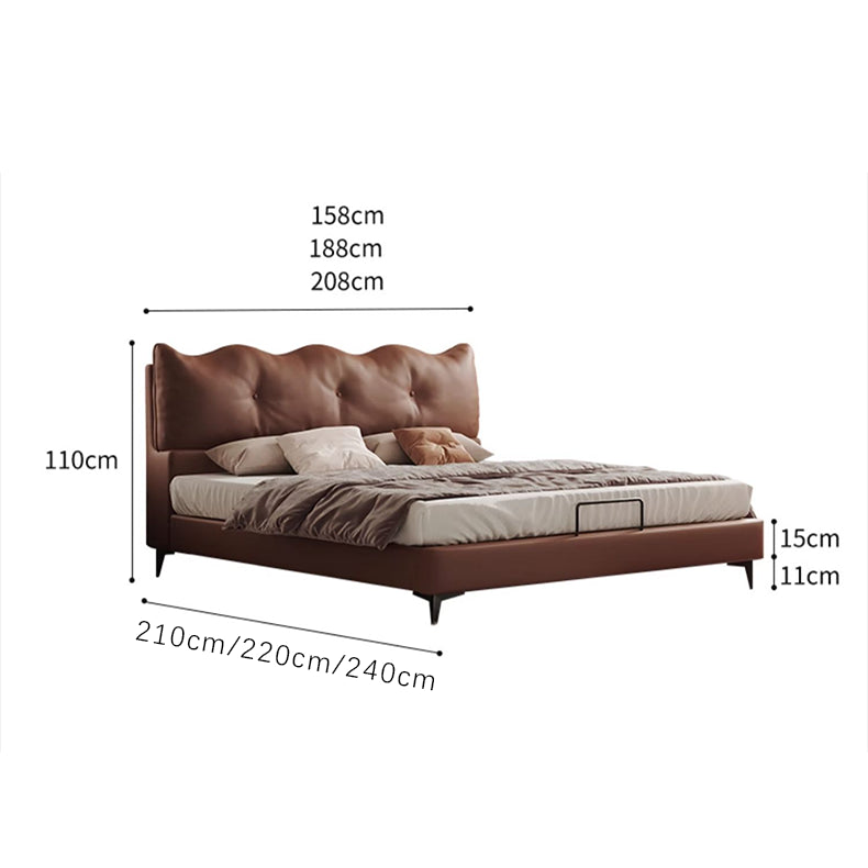 Luxurious Dark Brown Faux Leather Bed with Light Grey and Beige Accents - Elegant Khaki and Orange Detailing - Modern Black Design hmzsh-1545