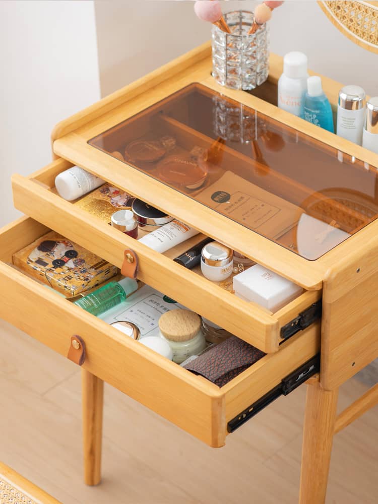 Elegant Natural Bamboo Makeup Table with Glass Top hsl-73