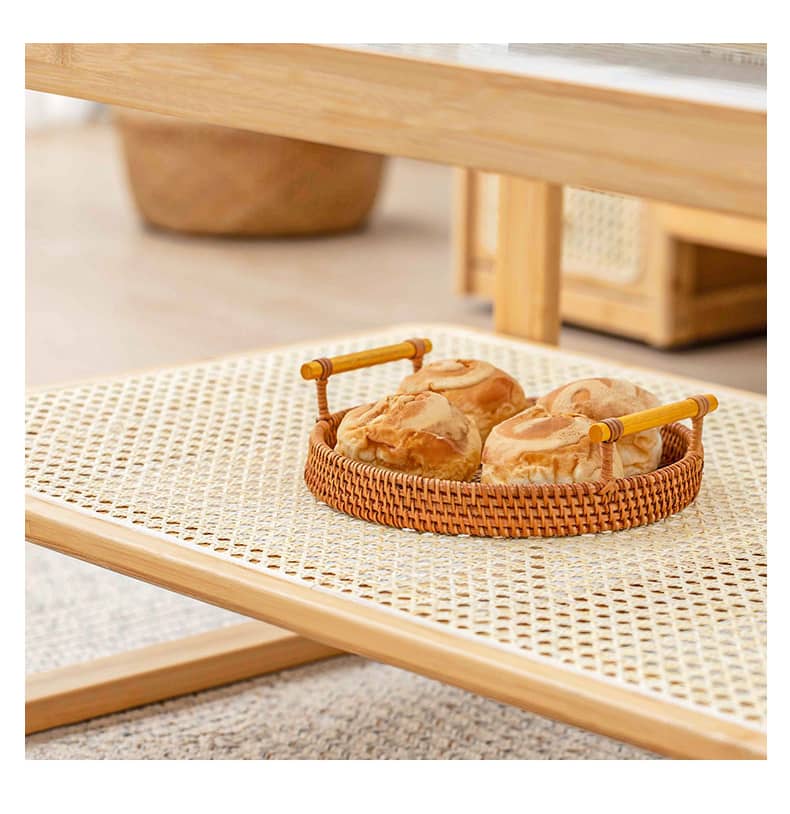Elegant Bamboo Rattan Woven Glass Tea Table - Natural Wood Finish hsl-86