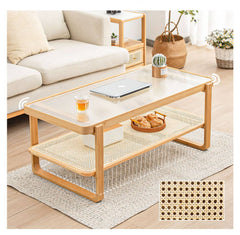Elegant Bamboo Rattan Woven Glass Tea Table - Natural Wood Finish hsl-86