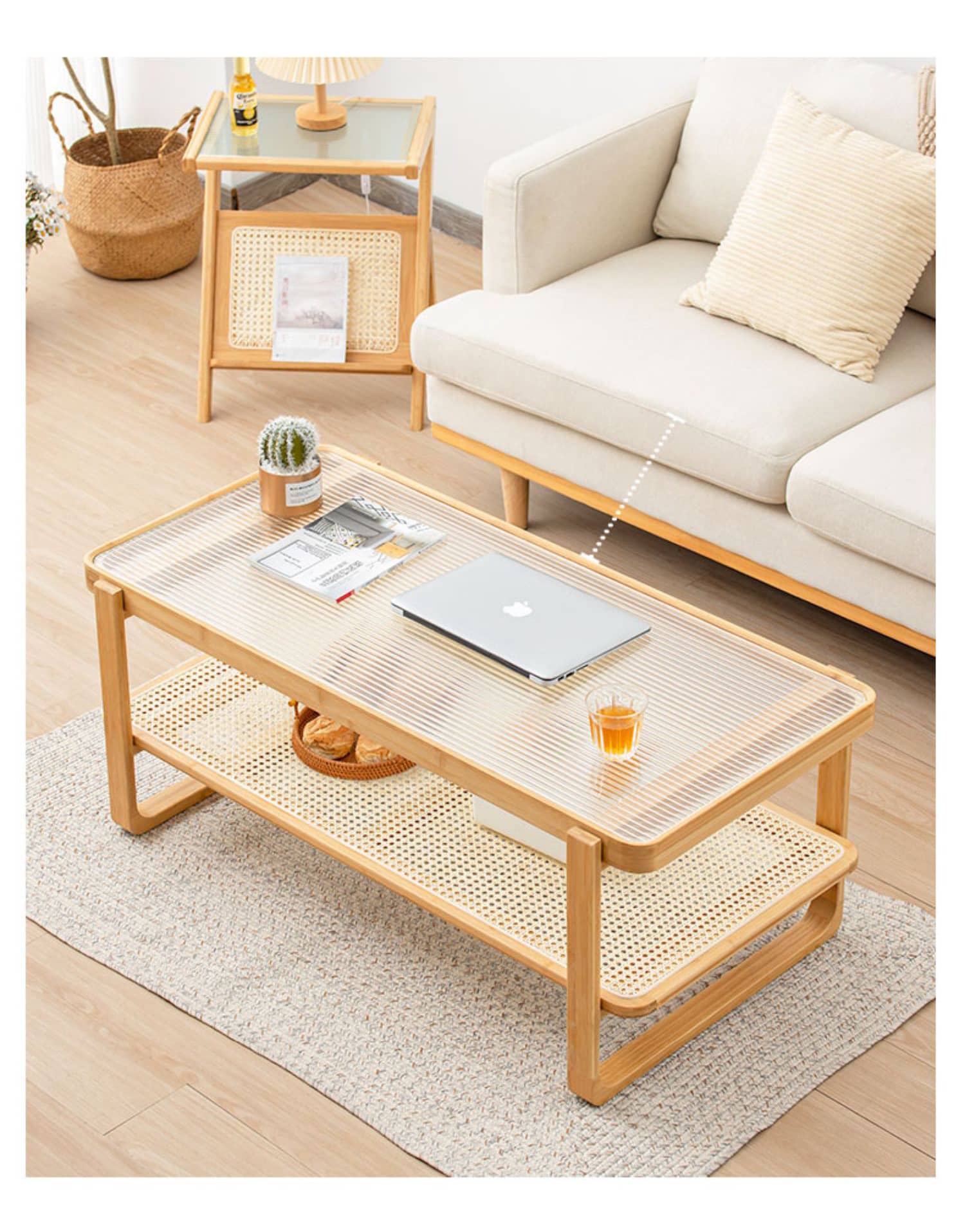 Elegant Bamboo Rattan Woven Glass Tea Table - Natural Wood Finish hsl-86