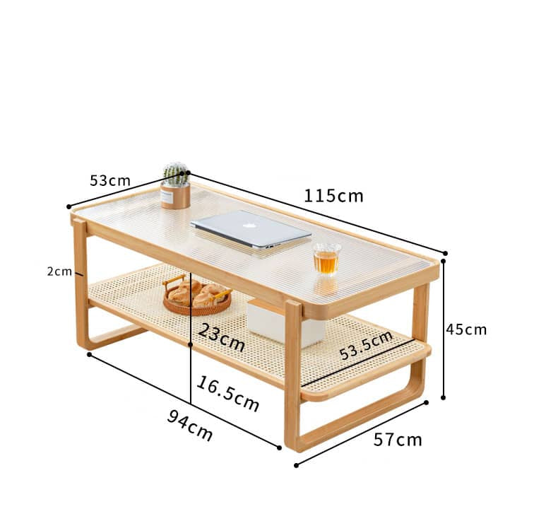 Elegant Bamboo Rattan Woven Glass Tea Table - Natural Wood Finish hsl-86