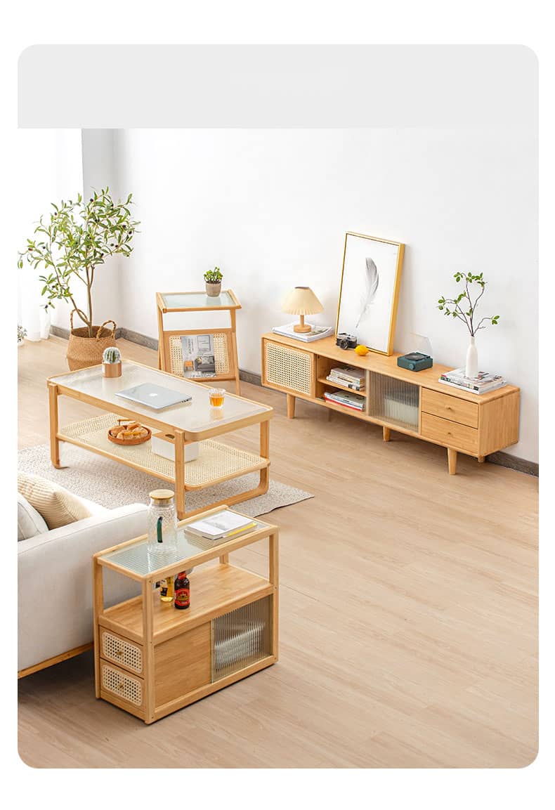 Elegant Bamboo Rattan Woven Glass Tea Table - Natural Wood Finish hsl-86