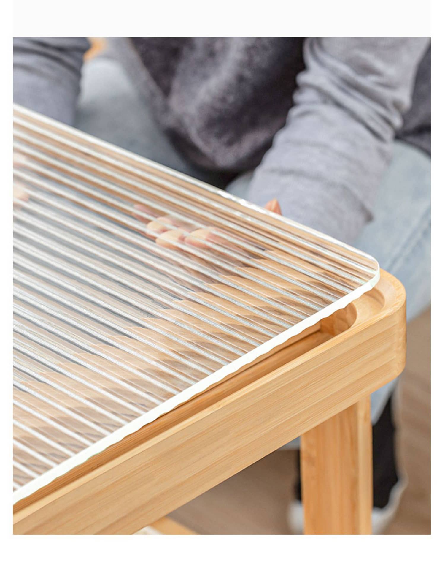 Elegant Bamboo Rattan Woven Glass Tea Table - Natural Wood Finish hsl-86