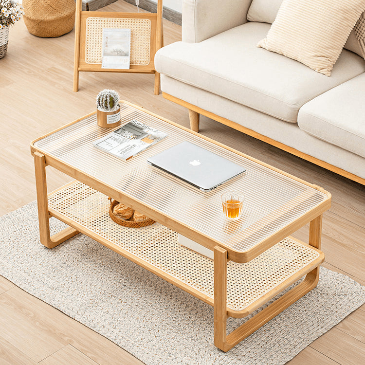 Elegant Bamboo Rattan Woven Glass Tea Table - Natural Wood Finish hsl-86