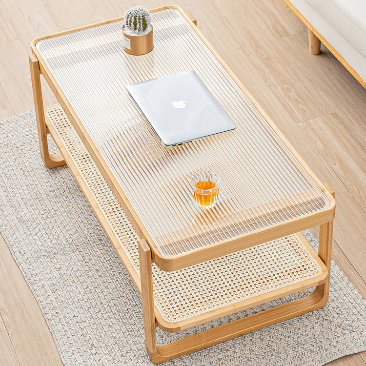 Elegant Bamboo Rattan Woven Glass Tea Table - Natural Wood Finish hsl-86