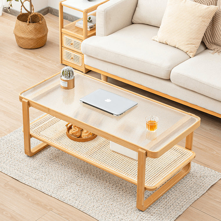 Elegant Bamboo Rattan Woven Glass Tea Table - Natural Wood Finish hsl-86