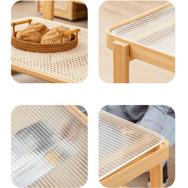 Elegant Bamboo Rattan Woven Glass Tea Table - Natural Wood Finish hsl-86