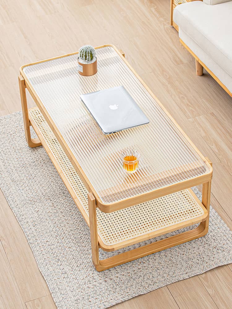 Elegant Bamboo Rattan Woven Glass Tea Table - Natural Wood Finish hsl-86