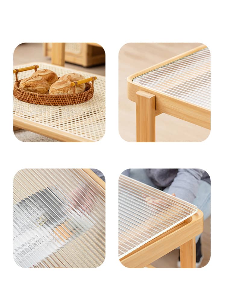 Elegant Bamboo Rattan Woven Glass Tea Table - Natural Wood Finish hsl-86