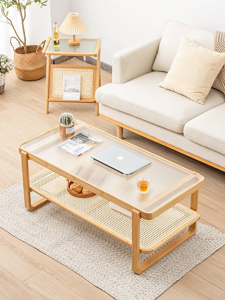 Elegant Bamboo Rattan Woven Glass Tea Table - Natural Wood Finish hsl-86