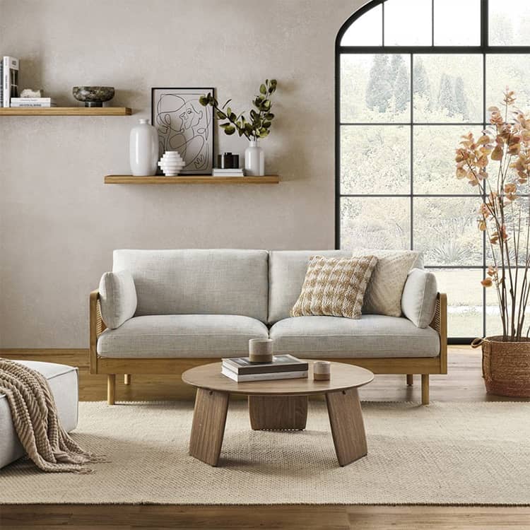Stylish Grey Sofa with Natural Wood and Black Ash Accents – Rattan and Cotton Linen Blend htzm-1504