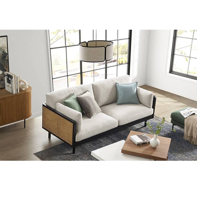 Stylish Grey Sofa with Natural Wood and Black Ash Accents – Rattan and Cotton Linen Blend htzm-1504