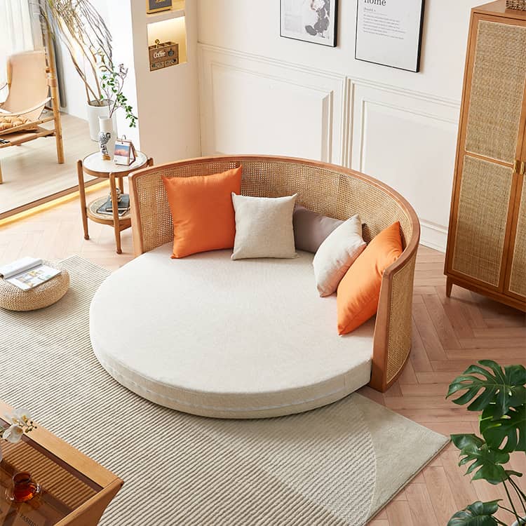 Beige Rattan Linen Beige Rattan Sofa with Ash Wood Frame and Cotton Linen Upholstery htzm ...