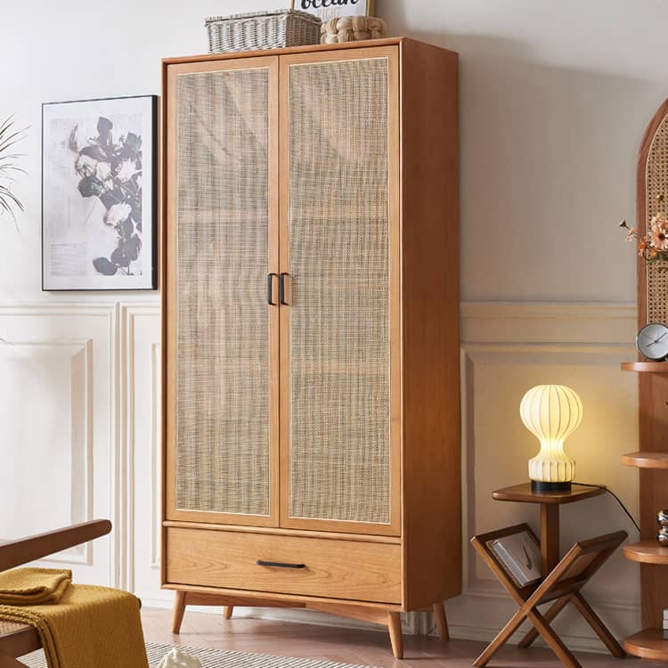 Elegant Ash Wood Cabinet with Natural Rattan Details htzm-1513