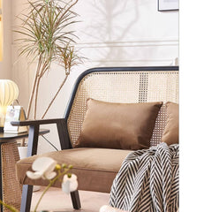 Elegant Dark Brown Ash Wood Sofa with Intricate Rattan Detailing htzm-1514