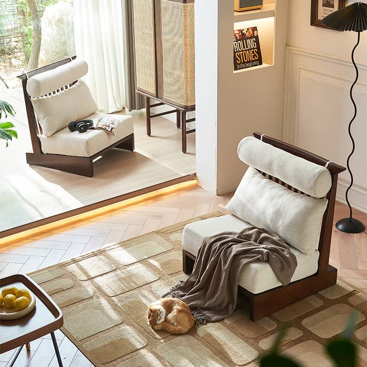 Stylish Beige Brown Sofa with Natural Ash Wood Frame, Cotton Linen Upholstery, & Rattan Accents htzm-1518