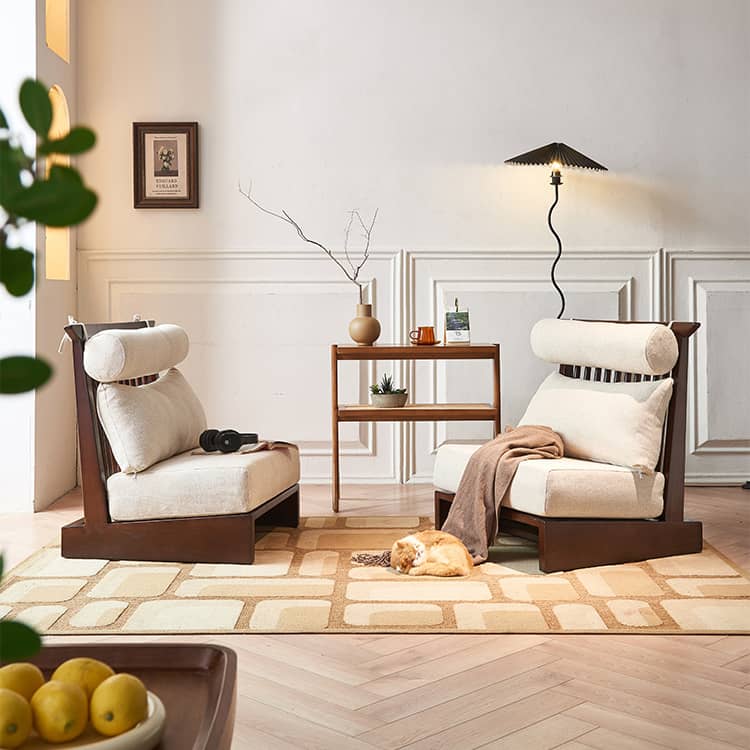 Stylish Beige Brown Sofa with Natural Ash Wood Frame, Cotton Linen Upholstery, & Rattan Accents htzm-1518