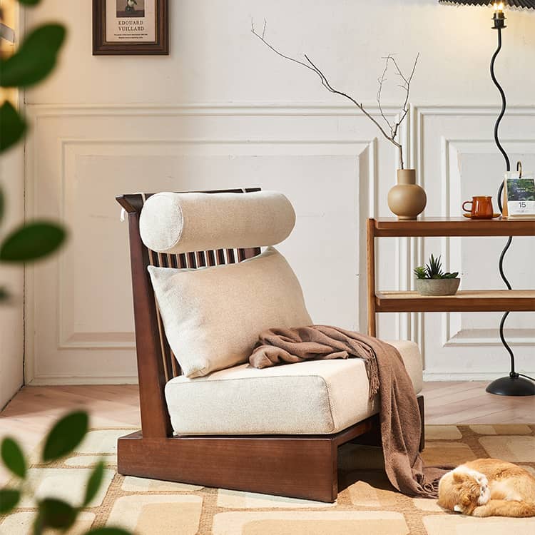 Stylish Beige Brown Sofa with Natural Ash Wood Frame, Cotton Linen Upholstery, & Rattan Accents htzm-1518