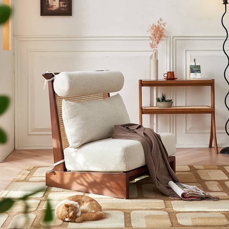 Stylish Beige Brown Sofa with Natural Ash Wood Frame, Cotton Linen Upholstery, & Rattan Accents htzm-1518