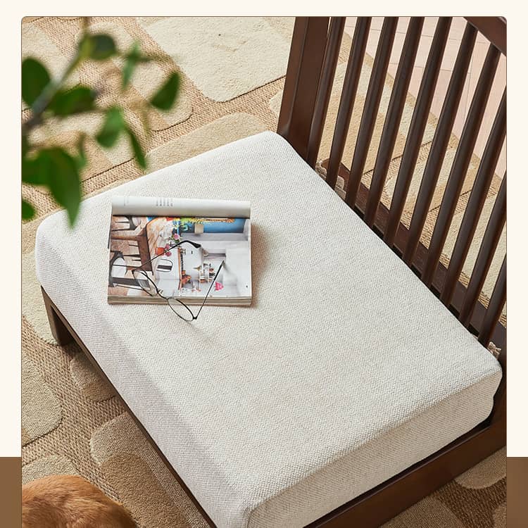 Stylish Beige Brown Sofa with Natural Ash Wood Frame, Cotton Linen Upholstery, & Rattan Accents htzm-1518