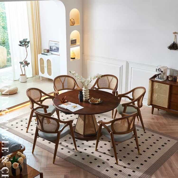 Elegant Brown Ash Wood Table with Rattan Accents and Cotton Linen Blend htzm-1520