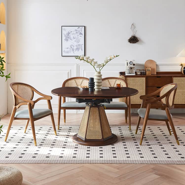 Elegant Brown Ash Wood Table with Rattan Accents and Cotton Linen Blend htzm-1520