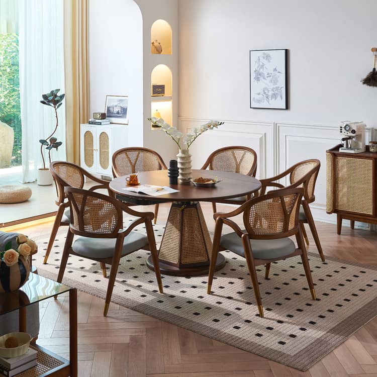 Elegant Brown Ash Wood Table with Rattan Accents and Cotton Linen Blend htzm-1520