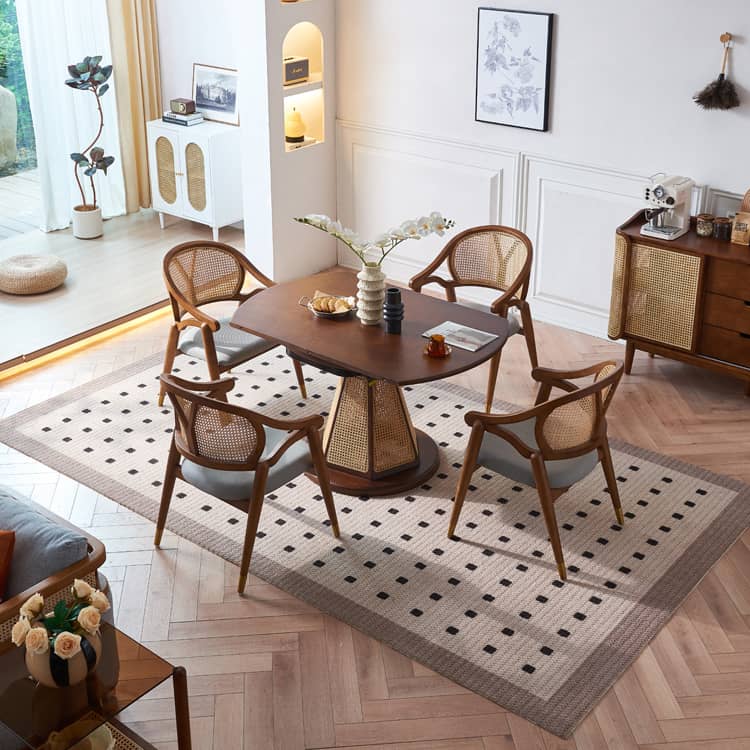 Elegant Brown Ash Wood Table with Rattan Accents and Cotton Linen Blend htzm-1520