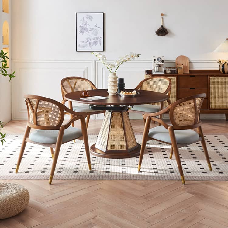 Elegant Brown Ash Wood Table with Rattan Accents and Cotton Linen Blend htzm-1520