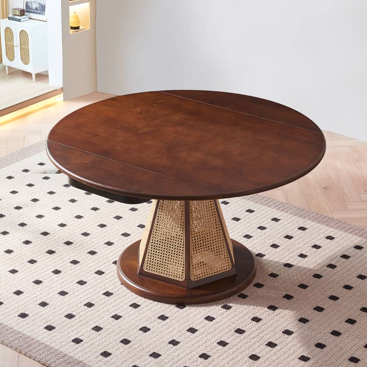 Elegant Brown Ash Wood Table with Rattan Accents and Cotton Linen Blend htzm-1520