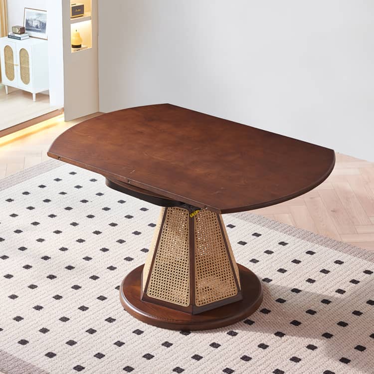 Elegant Brown Ash Wood Table with Rattan Accents and Cotton Linen Blend htzm-1520