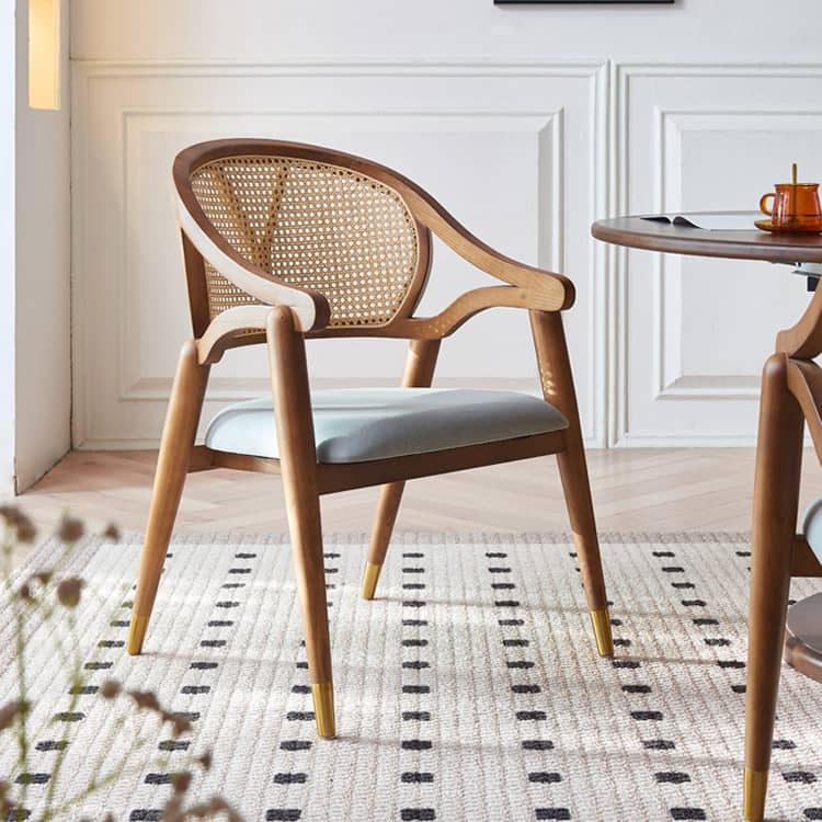 Elegant Brown Ash Wood Table with Rattan Accents and Cotton Linen Blend htzm-1520