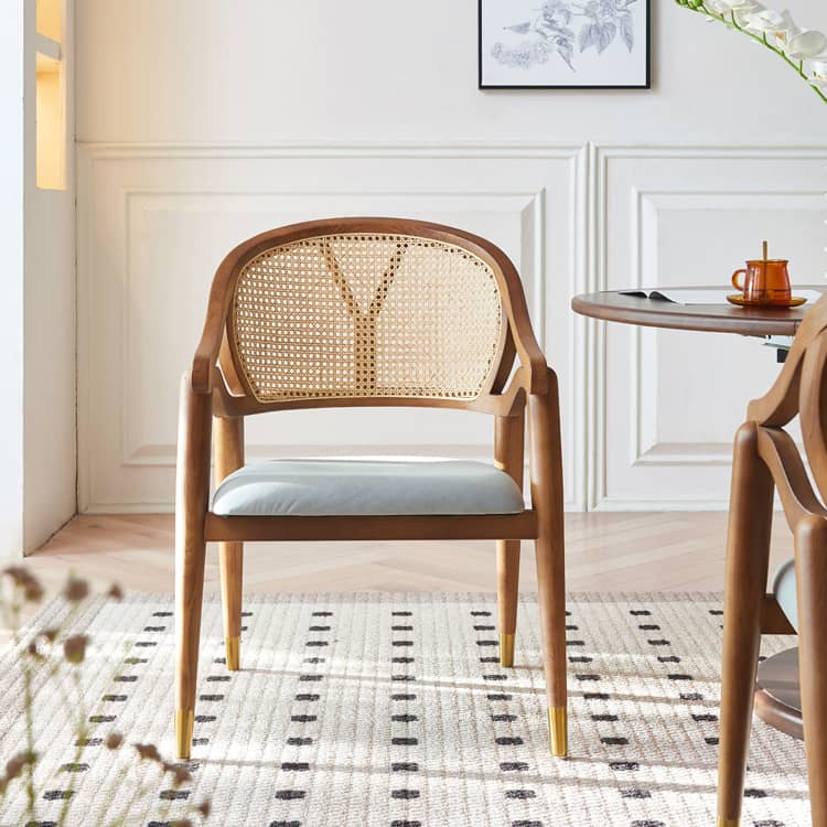 Elegant Brown Ash Wood Table with Rattan Accents and Cotton Linen Blend htzm-1520
