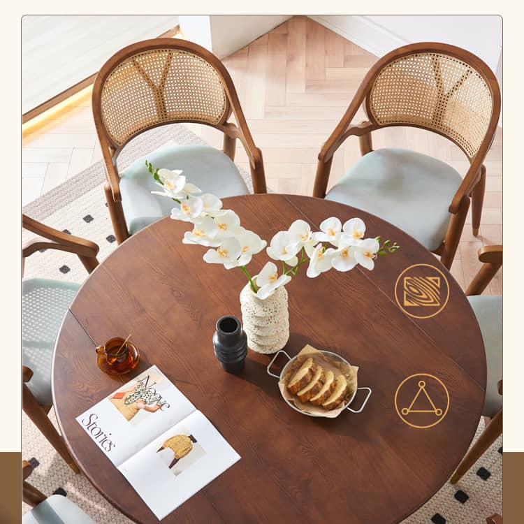 Elegant Brown Ash Wood Table with Rattan Accents and Cotton Linen Blend htzm-1520