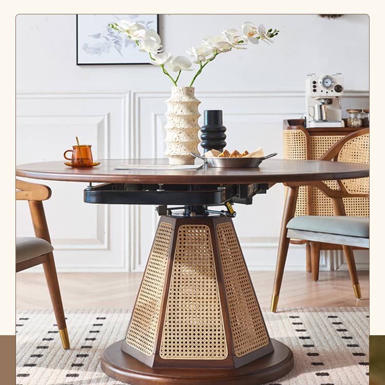 Elegant Brown Ash Wood Table with Rattan Accents and Cotton Linen Blend htzm-1520
