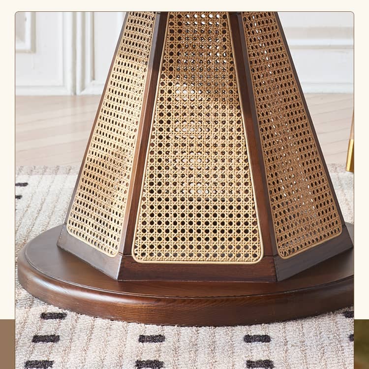 Elegant Brown Ash Wood Table with Rattan Accents and Cotton Linen Blend htzm-1520