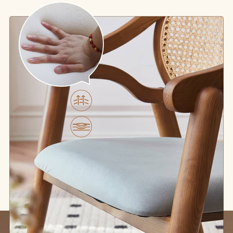 Elegant Brown Ash Wood Table with Rattan Accents and Cotton Linen Blend htzm-1520