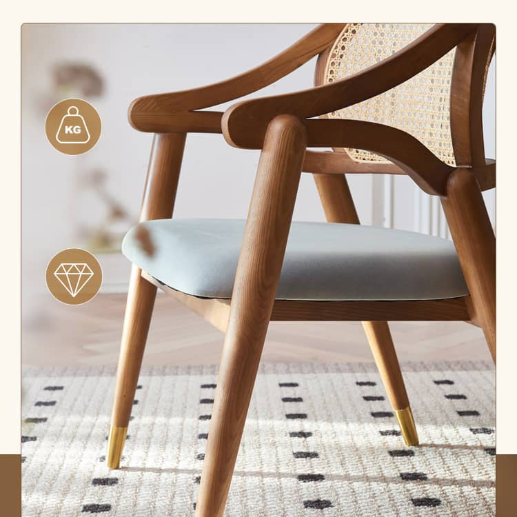 Elegant Brown Ash Wood Table with Rattan Accents and Cotton Linen Blend htzm-1520