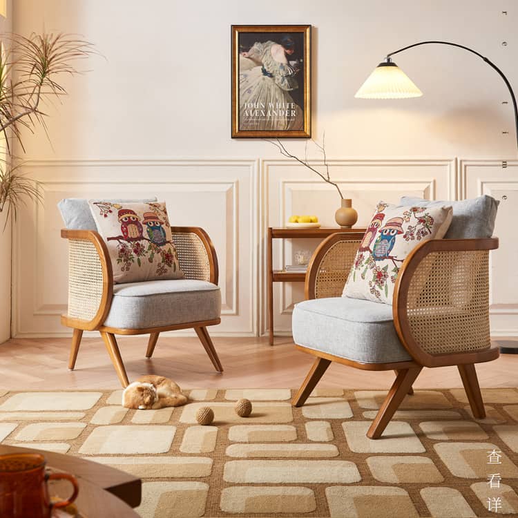 Elegant Ash Wood Sofa with Rattan Accents and Cotton Linen Upholstery htzm-1522