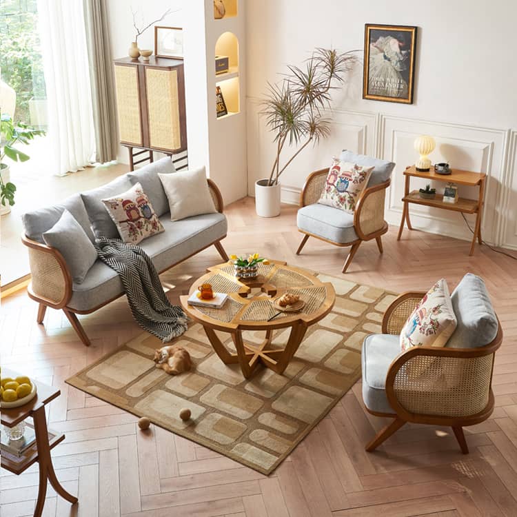 Elegant Ash Wood Sofa with Rattan Accents and Cotton Linen Upholstery htzm-1522